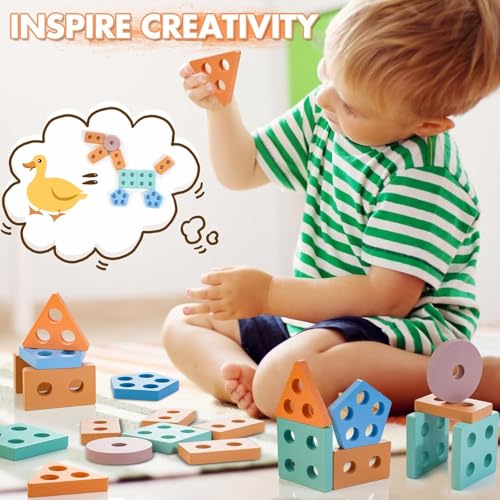 Image of PLUSPOINT Wooden Sorting & Stacking Toy, Colour Recognition Shape Sorter Puzzle Montessori Educational Learning Toy for Girls Boys Children Age 1 2 3 Activity Puzzle Blocks Column Set for Kids