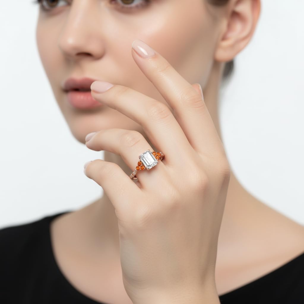 Choose Your Gemstone Emerald Cut Petite Cathedral Diamond CZ Ring Rose Gold Plated Emerald Shape Petite Engagement Rings for Women, Girls and Ladies US Size 4 to 12