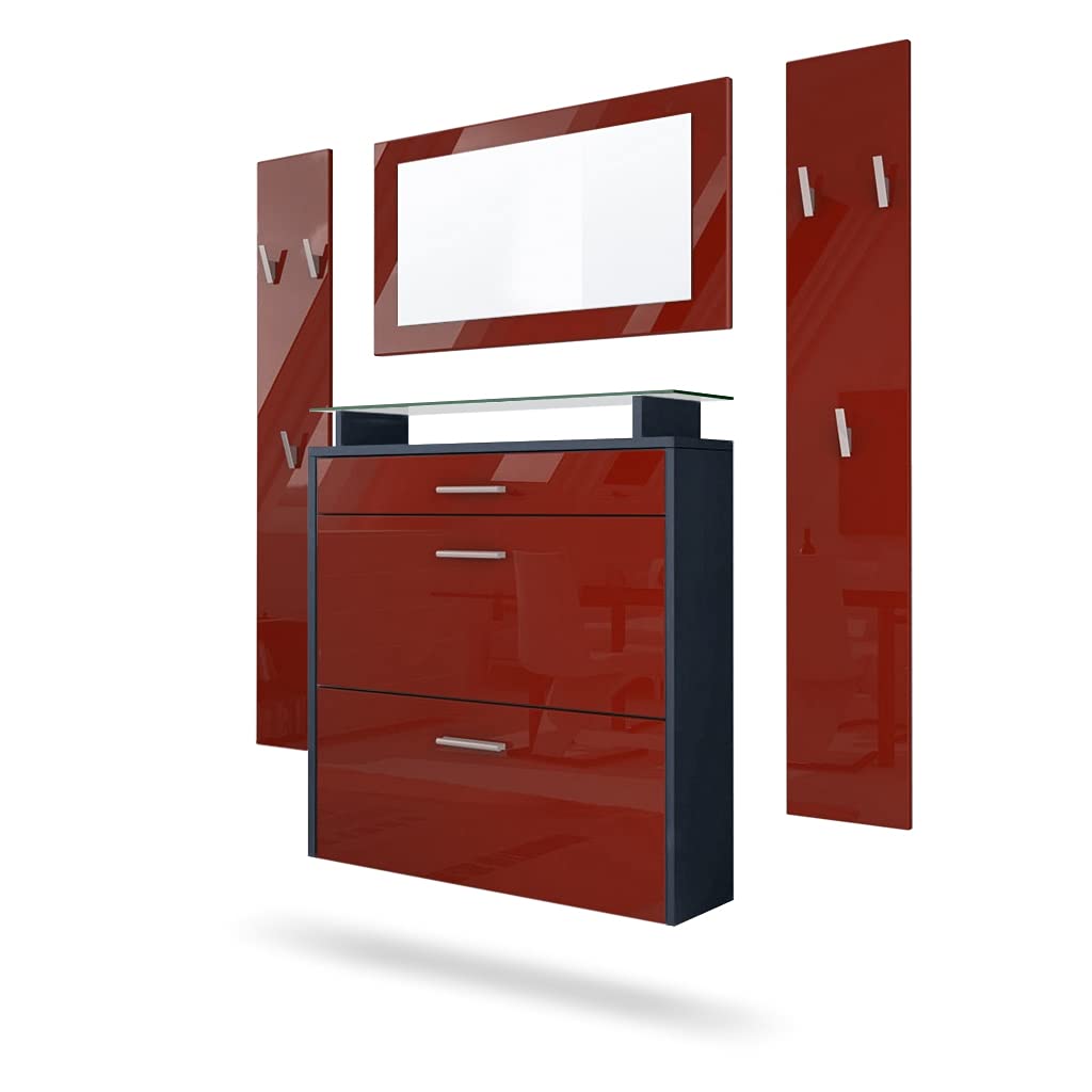 Vladon Mueble recibidor Malea, Mueble de Entrada Compuesto por 1 Zapatero Colgante, 1 Espejo de Pared y 2 Percheros, Antracita Mate/Burdeos de Alto Brillo