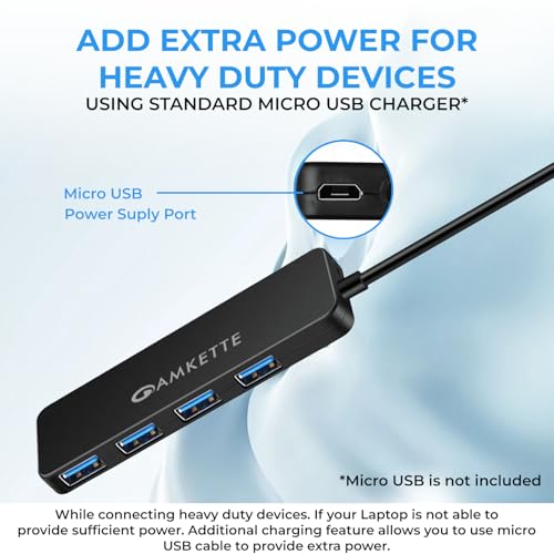 Image of Amkette 4 Port Superspeed USB Hub 3.0 for PC /Laptops, Portable Data Hub with Hi-Speed Data Transfer Up to 5 GBPS, Charging Function| Strong and Durable, Power Supply Port and 80 cm Long Cable (Black)