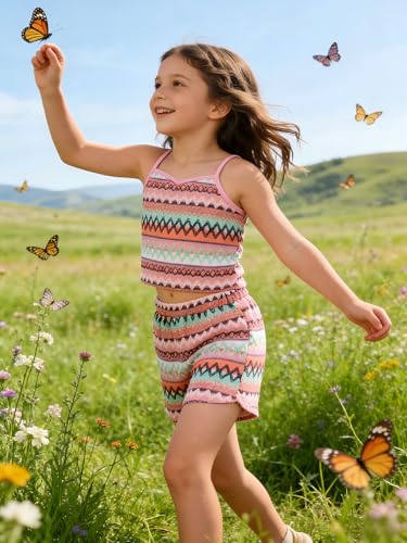 Image of Kids Toddler Girls Summer Clothes Button Design Striped Tank Top + Floral-Print Elastic Shorts 2 Piece Outfits