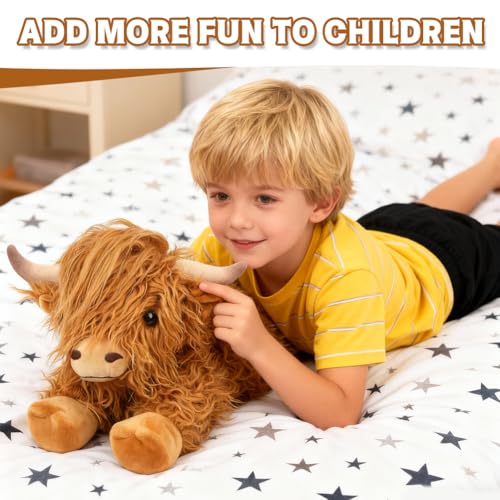 SYTTNUM Hochlandkuh Cow Soft Toy Plush Plüschtier Stofftiere Hochlandkuh Plushie Kuscheltier Kuh Plush Braun Hochlandkuh Cow Für Kinder Party Geburtstag 38cm