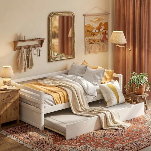 Merax Twin Size Daybed with Trundle, Solid Wood Captains Bed Sofa Bed Frame, White