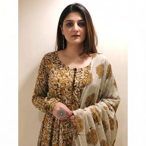 Image of Nermosa Women Printed Anarkali Kurta and Pant Set with Dupatta | Printed Kurta Set | Cotton Suit | Women Kurta Sets |