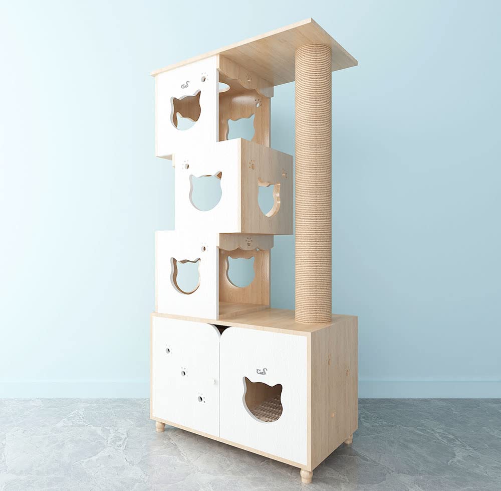 CatS Design 2 w 1 drapak i kuweta dla kota dąb biały duże koty stabilne/w zestawie szafka na kuwetę
