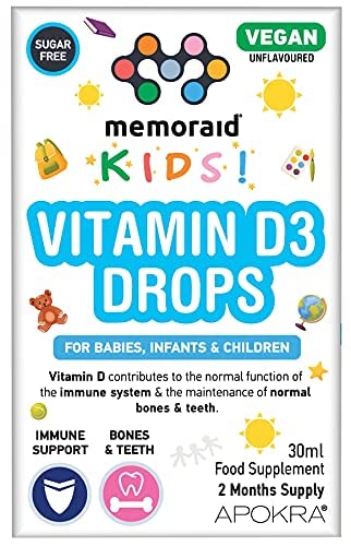 Vitamin D Drops - Vegan - 60 Days Supply – 30mL – Preservative Free and Sugar Free Kids Vitamins - VIT D 400IU in MCT Oil - 10 micrograms per 0.5mL | Memoraid Kids