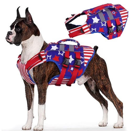 Kuoser Dog Life Jacket, XXL Dog Life Vest for Swimming Boating, Reflective Doggie Swimming Vest Pet Swim Preserver with Rescue Handle, Rosered XXL XXL