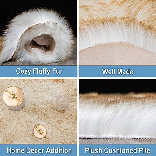Carvapet Soft Fluffy Rugs Faux Fur Sheepskin Area Rug for Bedroom Floor Mat Carpet for Living Room Nursery 4 x 6 Feet,White with Brown Tips