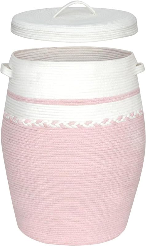 Image of Storage Cotton Rope Basket and Laundry Hamper for Dirty Clothes, Towels, Blankets, Pillows Storage in Living Room, Laundry Room and Bedroom (Pink White Zig Zag With Lid, 14x18 Inch)