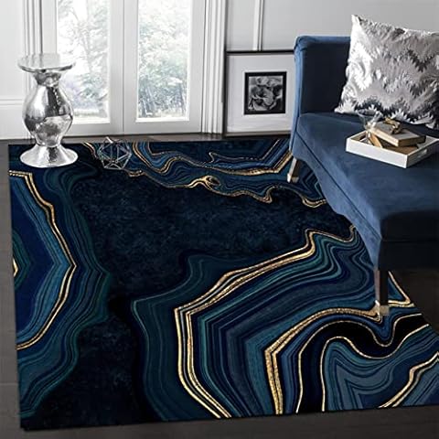 Cekaso Modern Abstract Navy Gold Area Rugs 7x10 Retro Marble Striped Chic Rug for Living Room Bedroom Washable Soft Lux Carpet 7x10ft Cover