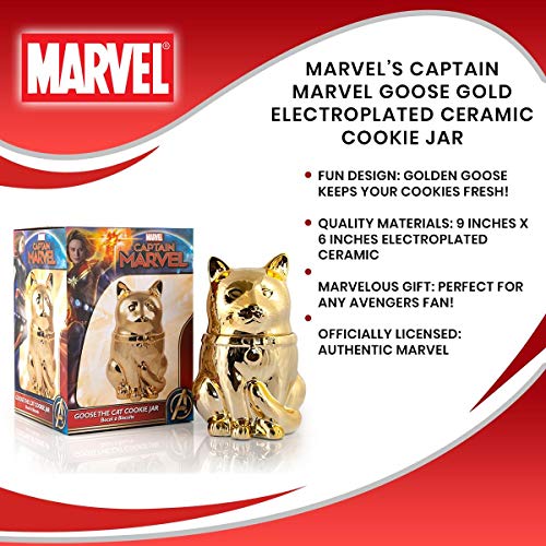 Captain Marvel's "Goose The Cat" Gold Ceramic Cookie Jar - Shiny Electroplated 9" X 6" Container - Cute Novelty Kitchen Accessory - Keep Treats Fresh In Avenger's Style - Great Gift Idea #TOP6