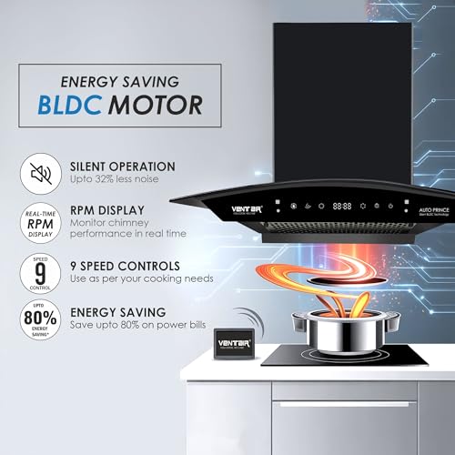 Image of Ventair 60 cm BLDC 1500 m3 /hr Filterless Autoclean Silent Kitchen Chimney (Auto Prince, BLDC Motor, 9 Speed Motion Sensor & Touch Control, Wall Mount, Curved Glass, Black, Made in India)