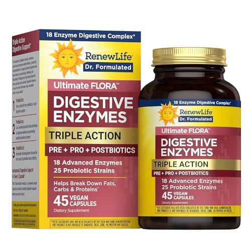 Renew Life Ultimate Flora Digestive Enzymes with Probiotics and Prebiotics | Doctor Formulated | 45 Vegan Capsules | Eases Occasional Gas, Bloating & Discomfort | Dairy, Soy and Gluten Free Supplement