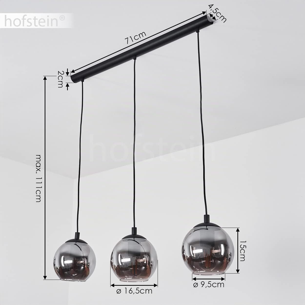 Sernf sospensione in metallo/vetro in colore nero/fumo, lampada a sospensioni con paralume in vero vetro (Ø 16,5 cm), 3 x E27, senza lampadina/e