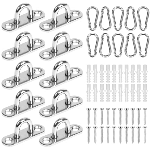 FARYODI Lot de 10 plaques à œil en acier inoxydable 304 avec mousqueton, fixation murale universelle et fixation au plafond pour accessoires de bateau, voiles d'ombrage, hamacs et équipements de plein