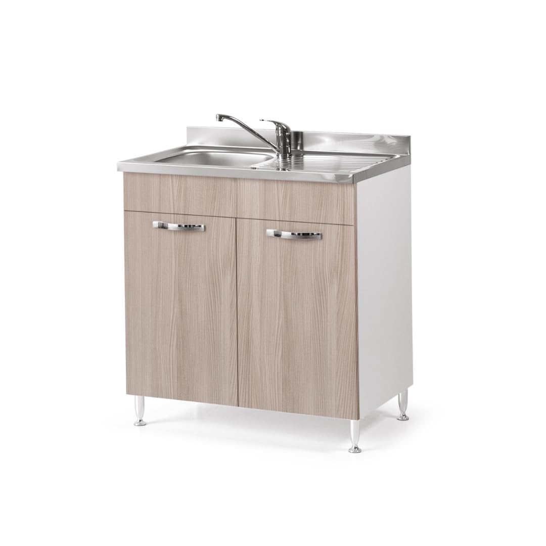 Linea Azzurra Sottolavello 80 Solo Mobile Cucina con 2 Ante in Legno Made in Italy H85xL80xP50cm Facile da Montare (Vasca a Sinistra, Olmo)