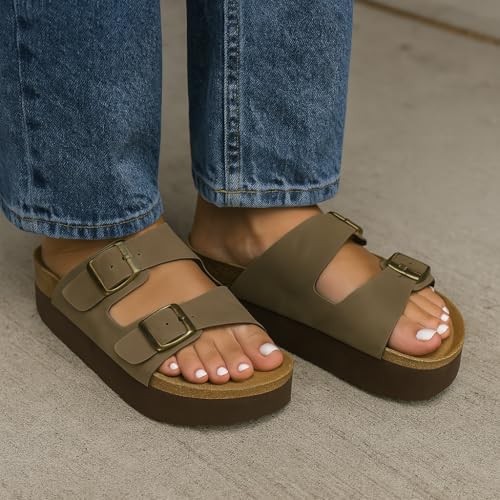 CUSHIONAIRE Plane Comfortable Platform Womens Sandals with Double Buckle Straps and Genuine Suede Footbed Sandals for Women 2025, Wide Widths Available3
