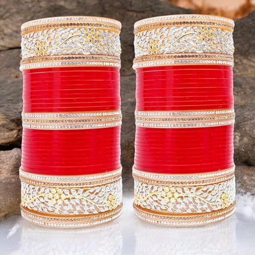 Image of Lucky Jewellery Bridal Bangle Set Dhanteras /Diwali /Bhai Dooj Collection Red Designer AD & Golden Stone Dulhan Chuda Fashion Wedding Chura Punjabi Choora For Women (2673-G1C1-1002-R)