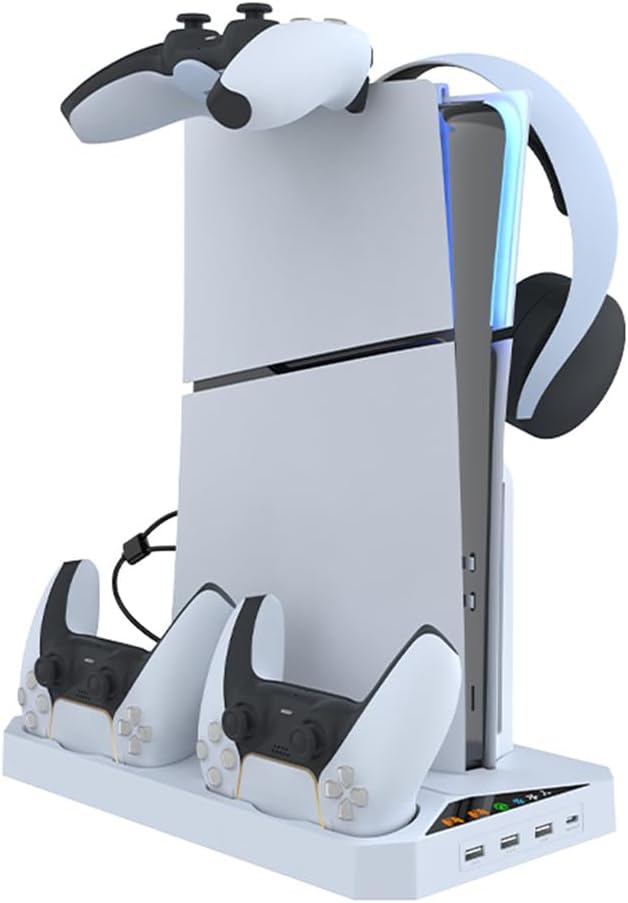 FPS5 Cooling Station with Controller Charger for PS5 Slim Accessories, Charging Station with Cooling Fan and 3 USB Hub/Headset Holder for PS5 Slim Disc/Digital Console, White