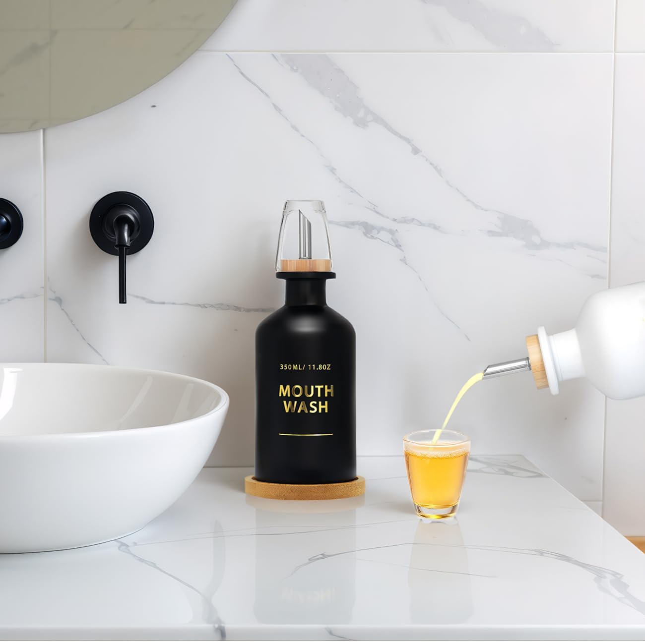 Mouthwash Dispenser for Bathroom 11.8oz – Glass Mouthwash Bottle with Cup & Bamboo Tray, Gold Hot-Stamped Lettering, Silicone Base, Modern Bathroom Accessory (Black & White, 11.8oz, 2pack) image 2