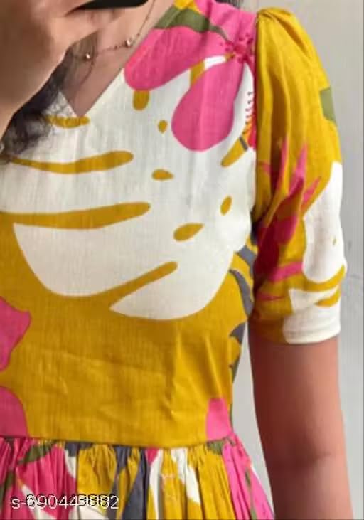 Image of Yellow Floral Print Midi Dress and Kurta, Short Sleeve Fit and Flare Summer Kurta with Gathered Waist