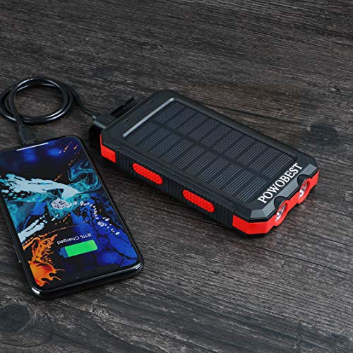 10000mAh Solar Power Bank, POWOBEST Portable Solar Panels with Flashlight & Compass Waterproof Solar Power Bank, Solar Phone Charger-