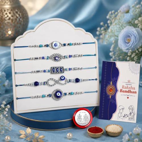 Image of Oblivion 5 Fancy Rakhi Set for Bhaiya, Assorted Handmade Threads with Roli Tikka, Silver Color Pooja Coin & Greeting Card | Multicolor Beads Design, Rakshabandhan Festive Gift Combo, Pack of 8