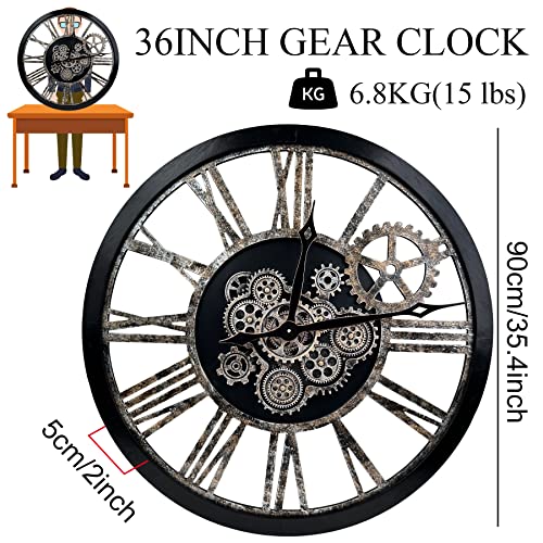 The B-Style 36" Large Moving Gear Wall Clock Oversized Vintage Farmhouse Wall Clocks For Living Room Decor Rustic Industrial Wood Clock (Black And Bronze) #TOP3