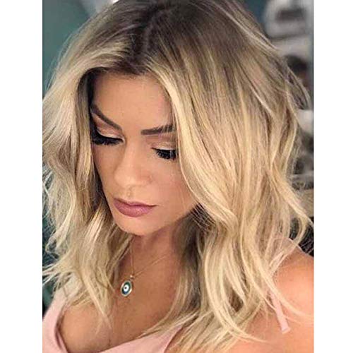 QDBOWIN QUEEN HAIR Blonde Ombre Synthetic Wigs for Women Brown Roots Short Hair Wig Middle Part Heat Resistant Synthetic Wig 14inch