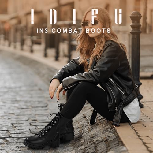 IDIFU IN3 Platform Combat Boots for Women Mid Calf Lace Up Boots Lug Sole Low Chunky Block Heel Boots Closed Round Toe Side Zipper Booties Fashion Thick Fall Heeled Boots-LOOSEN ALL LACES FIRSTLY2