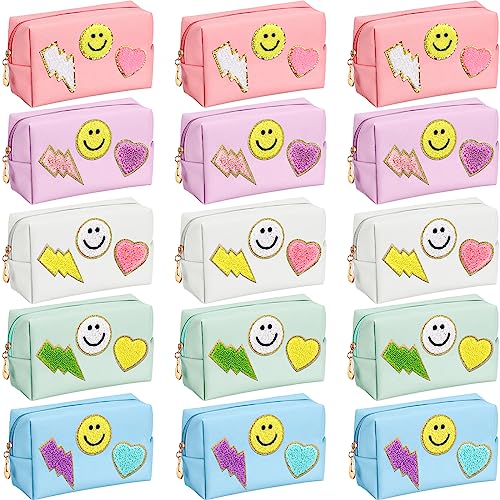Silkfly 15 Pcs Preppy Patch Makeup Bag Bulk End of the Year Teacher Gifts Bulk Cosmetic Toiletry Bag Smile Lightning Heart PU Leather Portable Waterproof Makeup Cosmetic Purse for Women(Colorful)