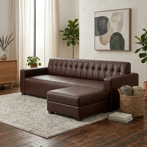 Image of FURNY Luxe 4 Seater L Shape Sofa Set with Movable Ottoman | Flexible Left or Right Layout | Premium Leatherette Upholstery (Dark Brown) | Perfect for Living Room, Guest Room & Office