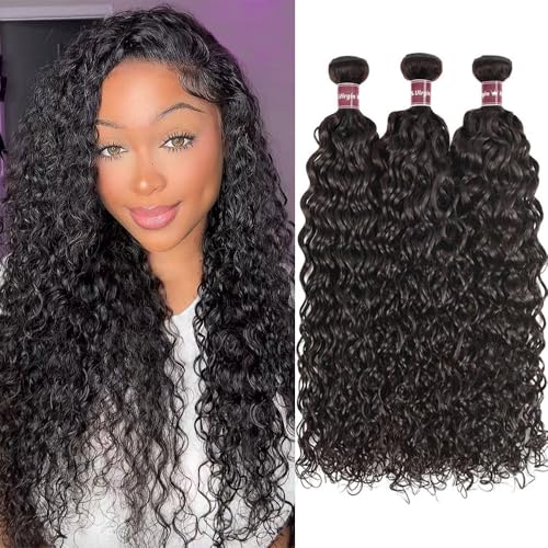 Water Wave Bundles Human Hair 3 Bundles Deals 18 20 22 Inch 16A Grade 100% Unprocessed Brazilian Virgin Hair Bundles Wet And Wavy Bundles Double Weft Deep Curly Wave Hair Extensions Natural Black