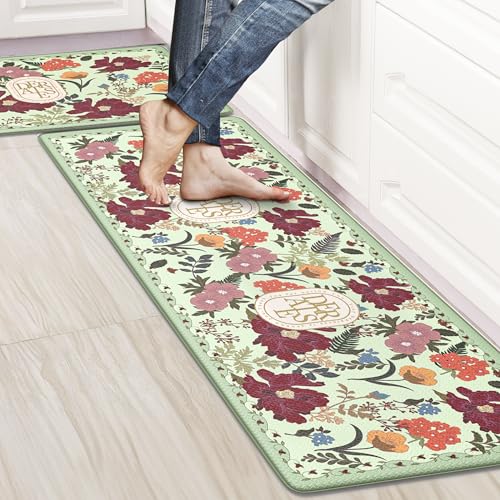 Kitchen Floor Mat Set of 2, Cushioned Anti Fatigue Kitchen Mat 17'x59'+17'x29', Non-Slip Waterproof Vintage Kitchen Rug, Premium PVC Comfort Kitchen Mats and Rugs for Kitchen, Office, Home, Laundry