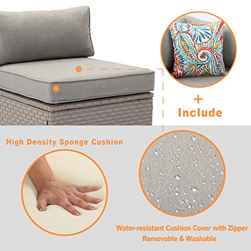 Cosiest 7-Piece Outdoor Furniture Warm Gray Wicker Family Sectional Sofa W Thick Cushions, Glass Top Coffee Table, 2 Ottomans, 4 Floral Fantasy Pillows For Garden, Pool, Backyard #TOP3
