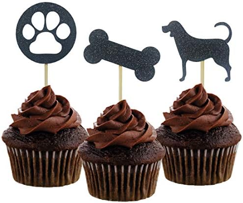 Morndew 24 PCS Black Glitter Dog Palm and Bone Cupcake Toppers for Baby Shower Birthday Party Wedding Party Decorations