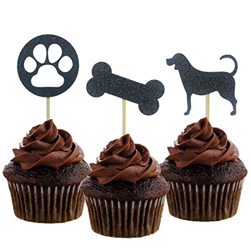 Morndew 24 Pcs Black Glitter Dog Palm And Bone Cupcake Toppers For Baby Shower Birthday Party Wedding Party Decorations #TOP8