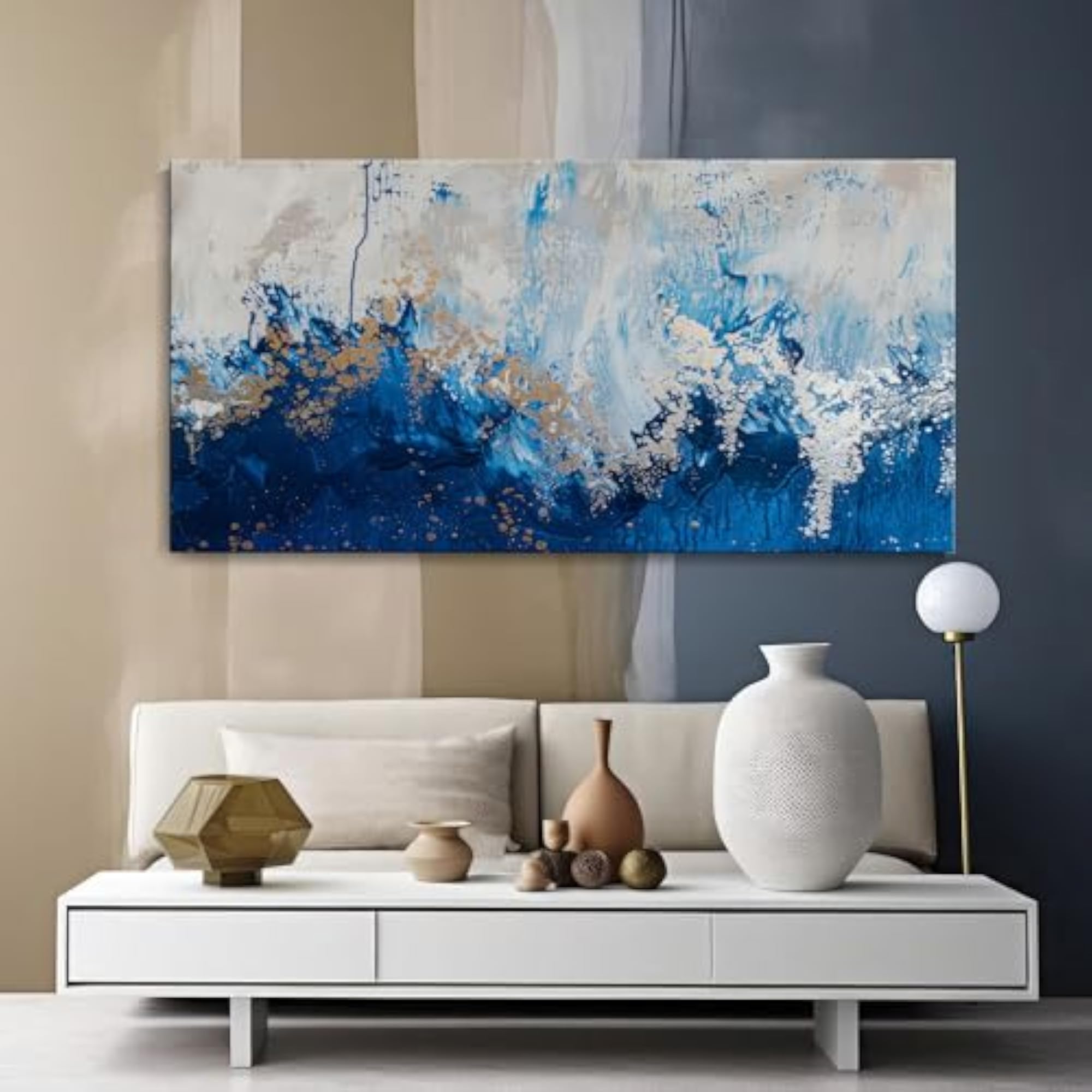 Abstract Blue and Gold Waves Canvas Painting, Framed Art
