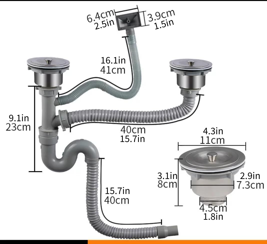 Kit de vidange pour Double évier de Cuisine, Tuyau de vidange Flexible pour évier de Cuisine de 11 cm, kit de plomberie en Acier Inoxydable courbé en S avec Double Drain,