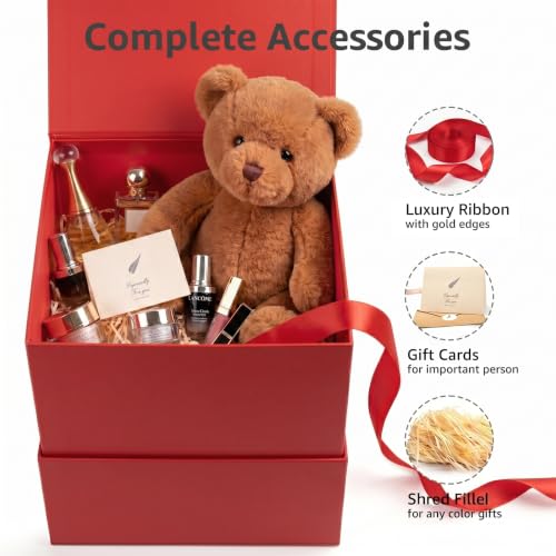Image of LIFELUM Red Gift Box with Lid 10.2 x 10.2 x 10.2 inch, 1 Pack Square Magnetic Gift Box Includes Paper Filler, Ribbon, Greeting Card for Presents, Wedding, Christmas, Birthday