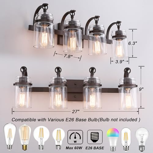 Image of 4 Light Bathroom Vanity Light, Oil Rubbed Bronze Bathroom Light Fixtures Over Mirror, Farmhouse Vanity Light with Clear Glass Shade