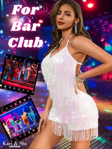 Image of Kaei&Shi Sequin Fringe Romper,Sparkly Glitter Metallic Jumpsuits For Women,Backless Shorts Dress Disco Birthday Dance Outfit