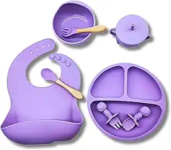 Kit Introdução Alimentar Bebê 8 Peças de Silicone e Sem Pontas para Iniciação de Alimentos Livre de BPA Atóxico - Colher, Garfo, Copinho, Pote e Pratinho - Linha Premium (Kit Roxo)