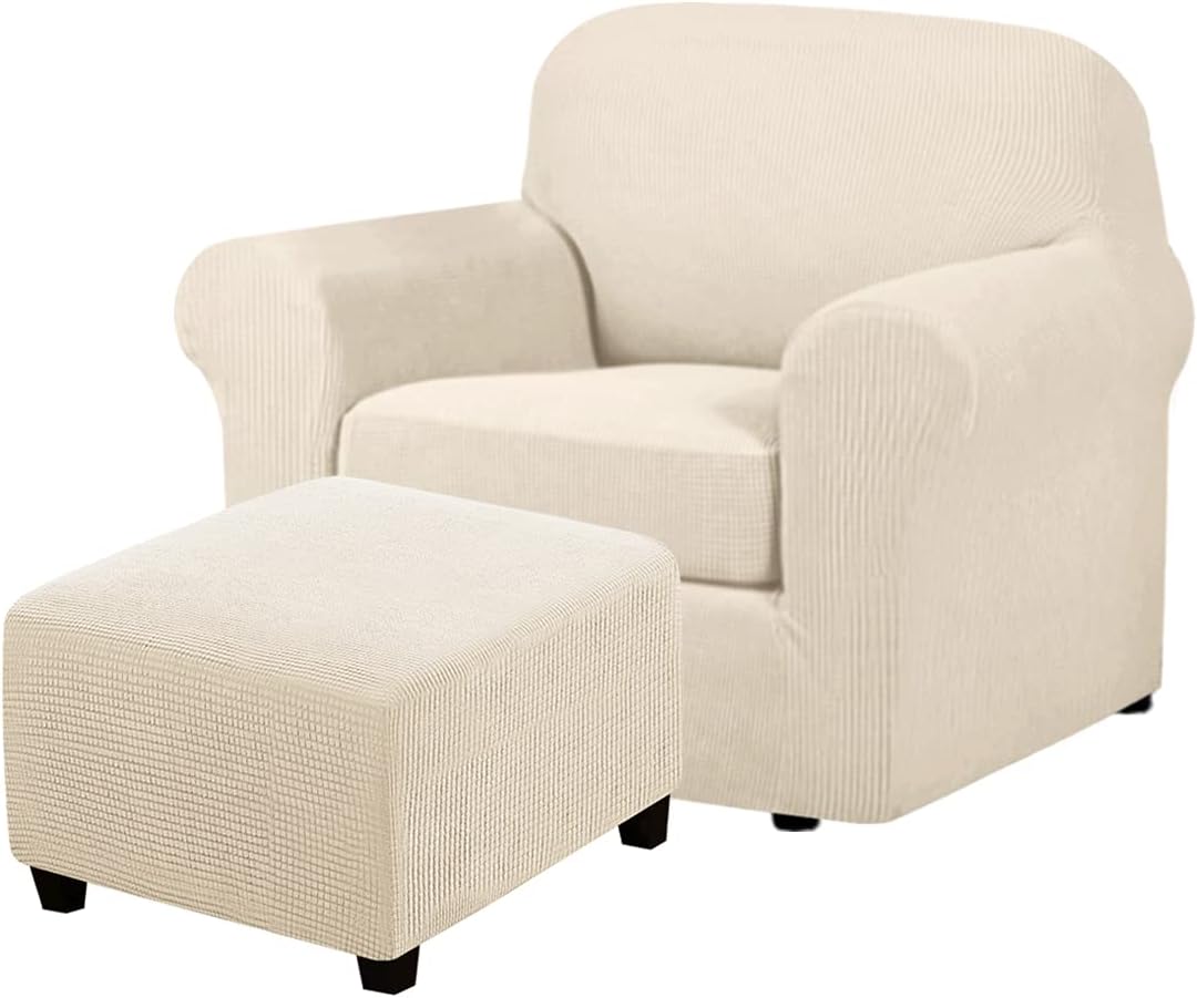 H.VERSAILTEX 2 Piece Sofa Cover for Armchair 32"-48" Bundle Square Ottoman Covers Ottoman Slipcovers, Natural