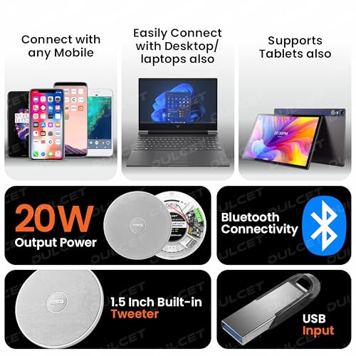 Image of DULCET DC-CS6F-BT Pro White 6.5 Inch 20W 2 Way Active Bluetooth Ceiling Speaker with Inbuilt Amplifier - Supports Upto 3 Passive Ceiling Speakers