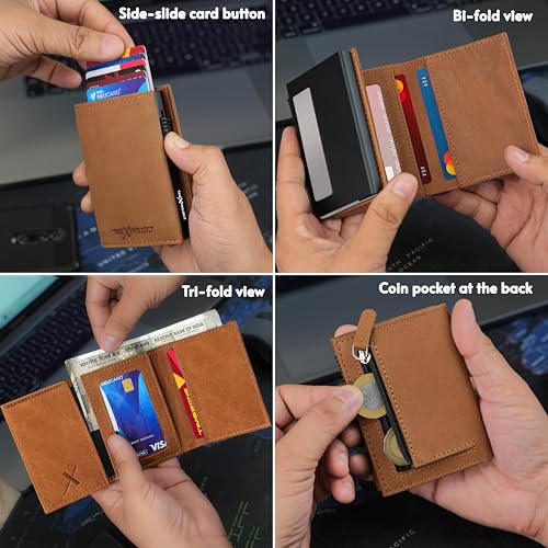 Image of The X Project Vaulton Trifold Wallet | Premium Genuine Leather | Aluminium Cardholder | Side Slide Pop-Up Card Ejector | Carry Up to 6 Cards and 1 Slot for Carrying Cash & Folded Bills (Tan)