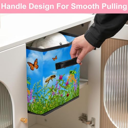 Boîte de rangement cube en tissu motif insectes d'été avec poignées - 7