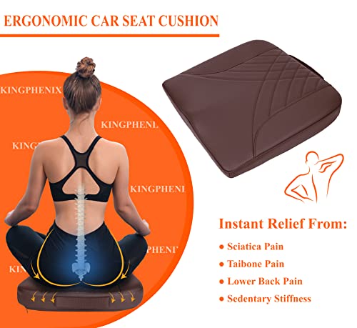 Image of kingphenix Premium Car Seat Cushion, Memory Foam Driver Seat Cushion to Improve Driving View- Coccyx & Lower Back Pain Relief - Seat Cushion for Car, Truck, Office Chair (Leather Brown)