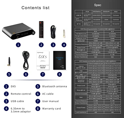 Image of Topping DX5 MQA DAC Headphone Amp Full Balanced Audio Decoder ES9068AS*2 Chip NFCA USB /Optical /Coaxial Full MQA Decoding DA Converter Bluetooth LDAC XLR /RCA Output Headphone Amplifier (Gray)