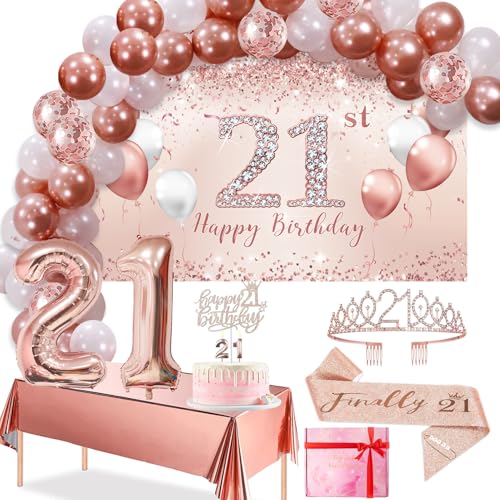 Trgowaul 21st Birthday Decorations - Rose Gold Arch, Banner, Tablecloth, Tiara, 60 Pink Gold Balloons & Cake Top